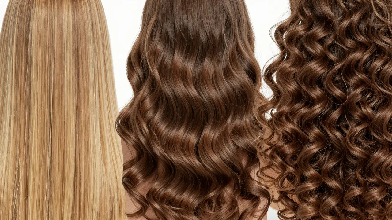 Close-up of different hair textures including straight, wavy, and curly