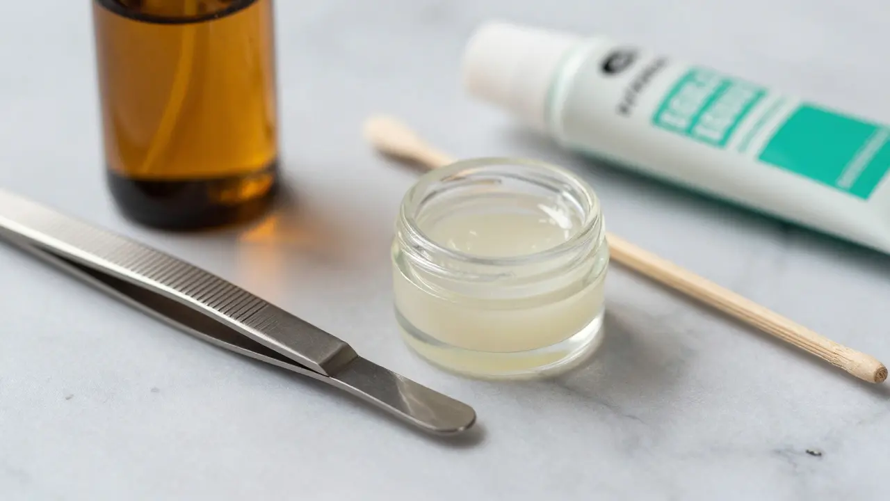Close-up of eyebrow tweezers, wax, and skincare products on marble