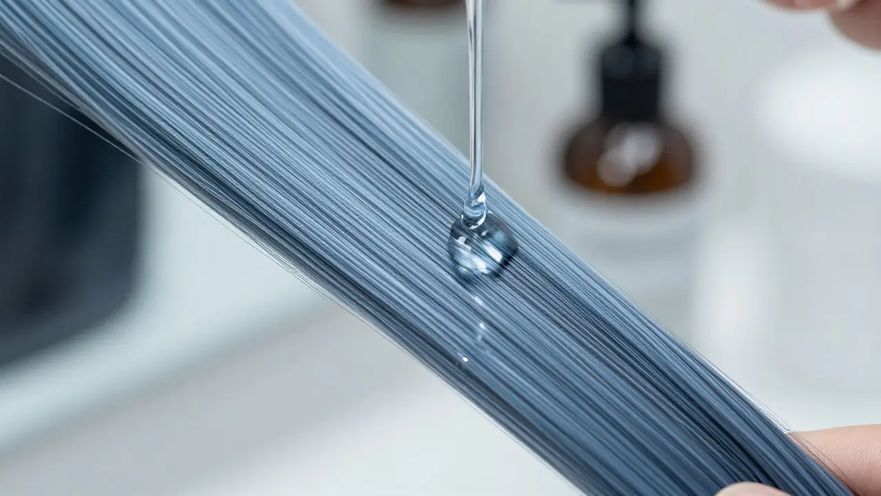 Close-up of glossy hair strand after acidic conditioning treatment