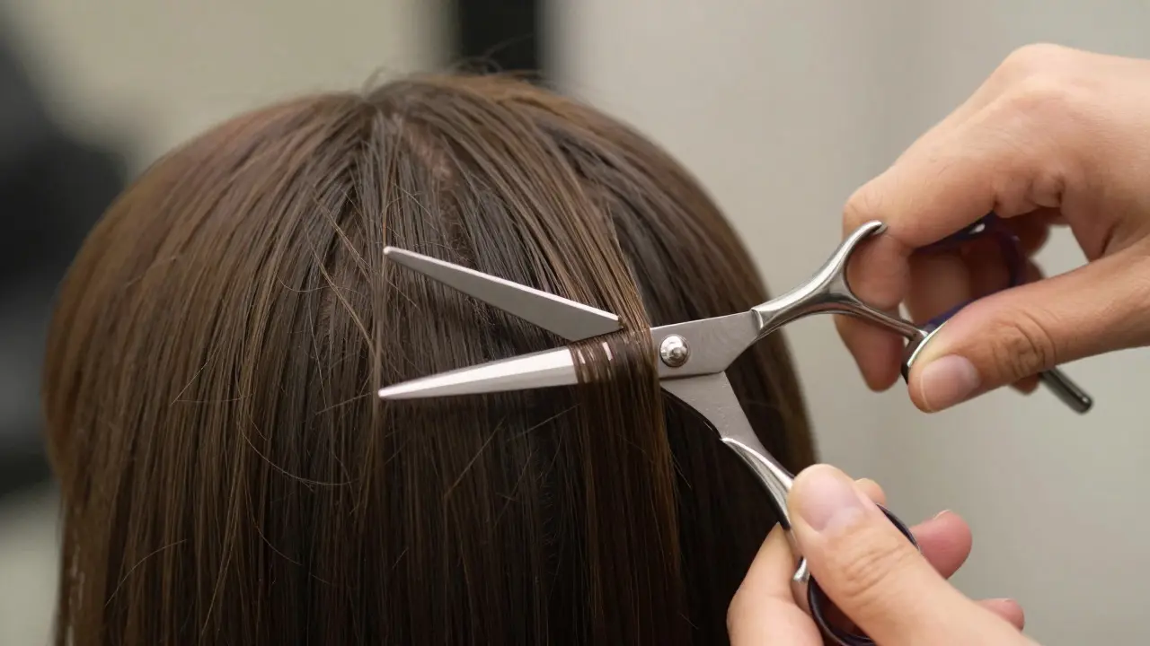 Close-up of shears precisely cutting straight bangs on a client's forehead.