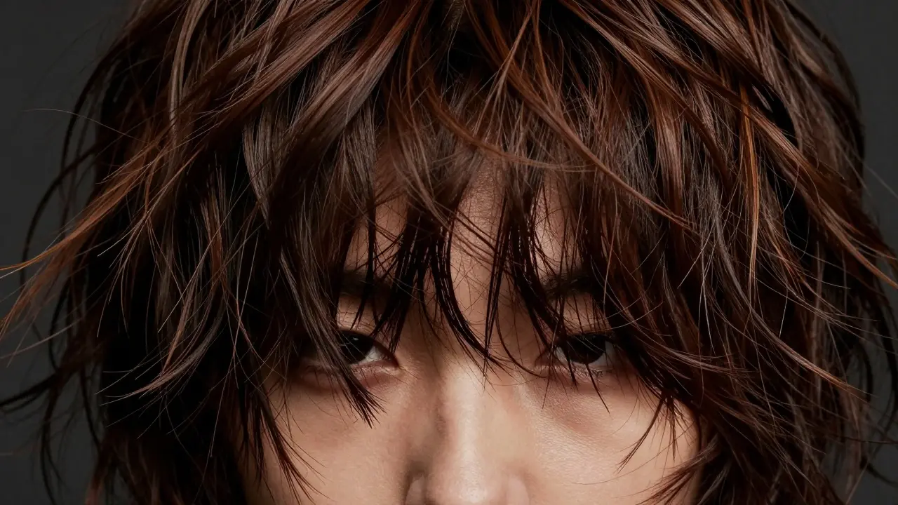 Close up of textured shag haircut with curtain bangs