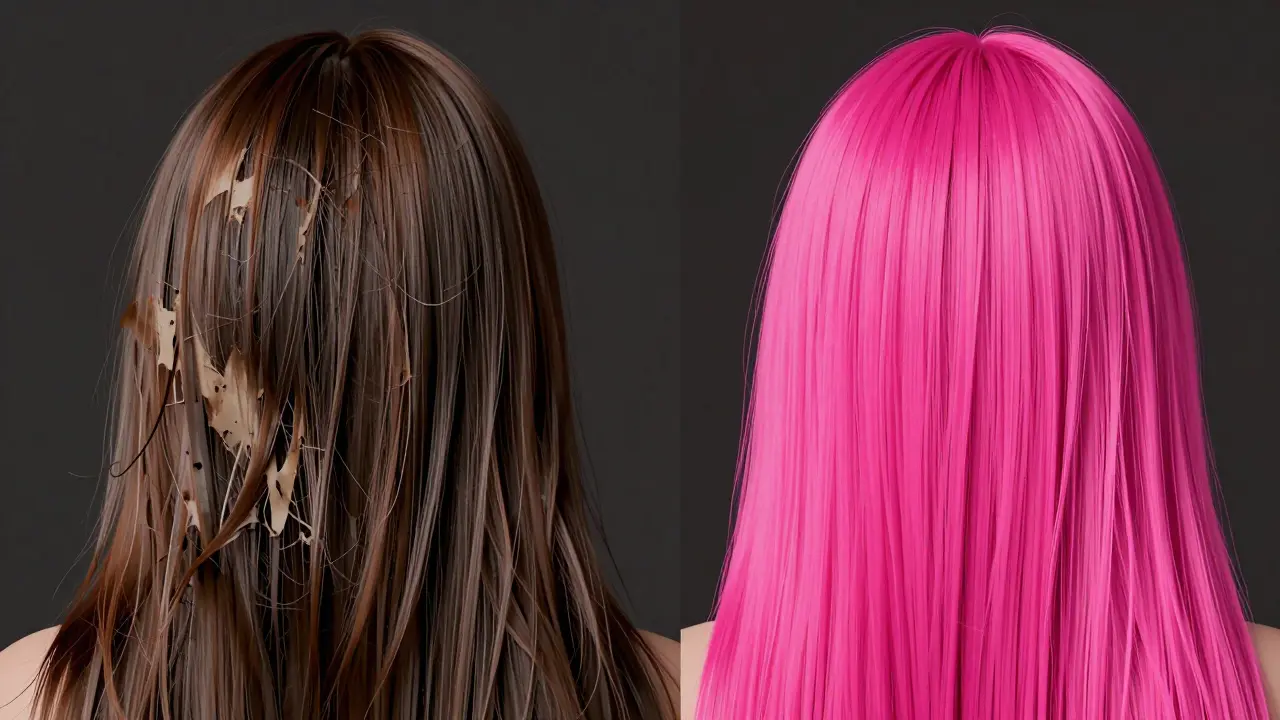 Comparison of dull, damaged wet-colored hair versus vibrant dry-colored hair.