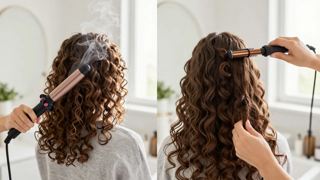 Comparison of heat styling with a curling iron versus heatless flexi rods for curls.