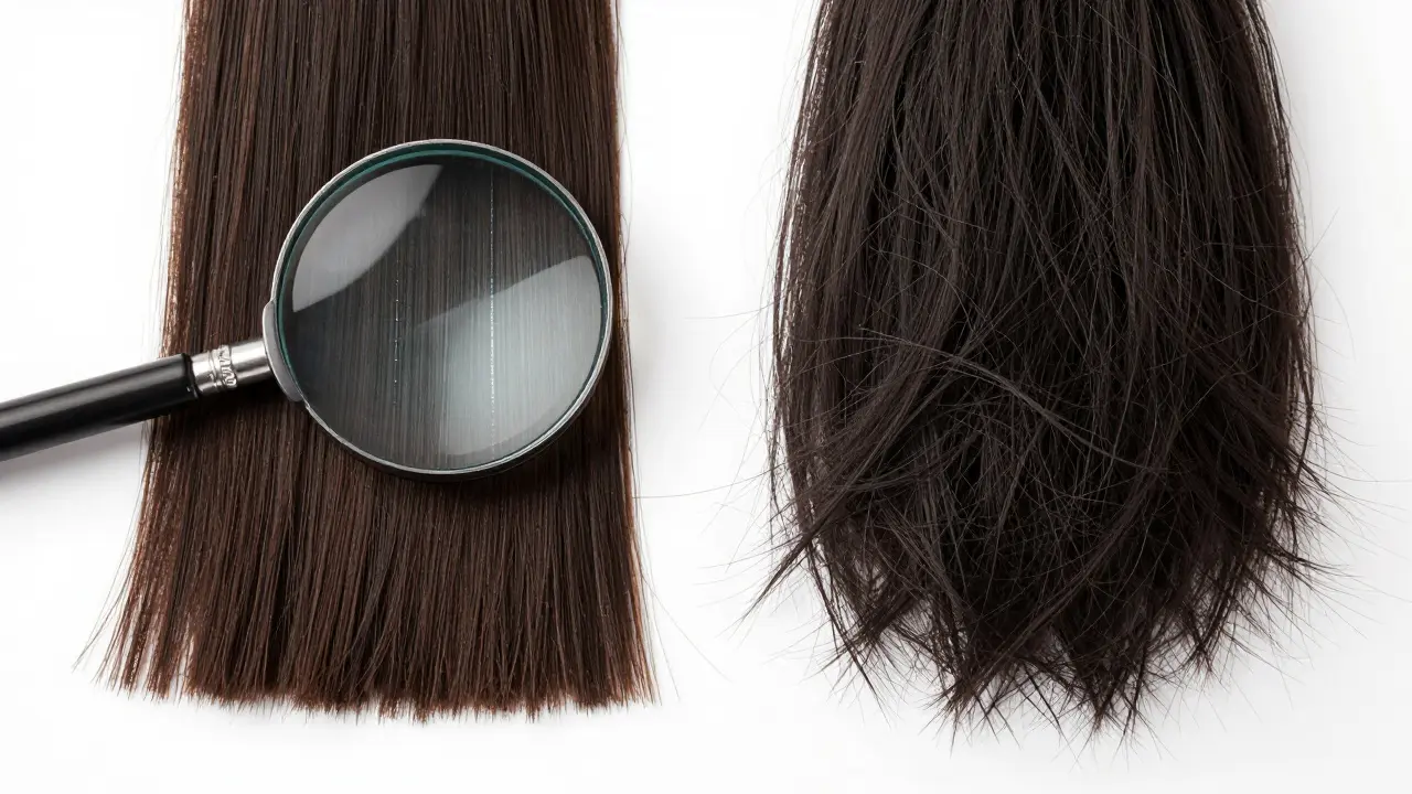 Comparison of sleek Remy hair vs tangled low-quality hair