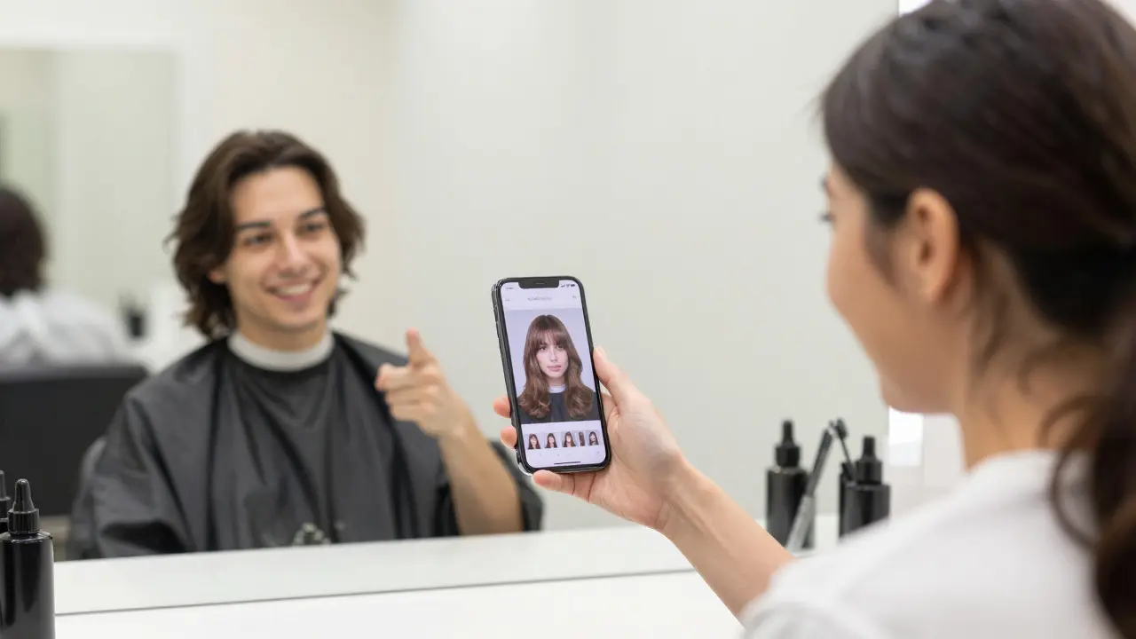 Customer showing a hairstyle reference photo on phone to a stylist.