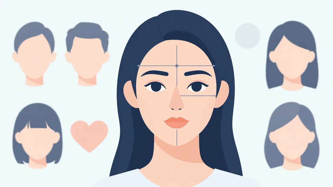 Diagram showing face shape measurements and corresponding hairstyle recommendations.