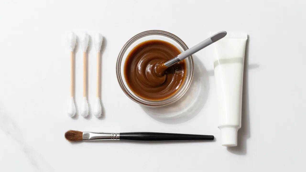 Flat lay of eyebrow henna tinting tools and supplies