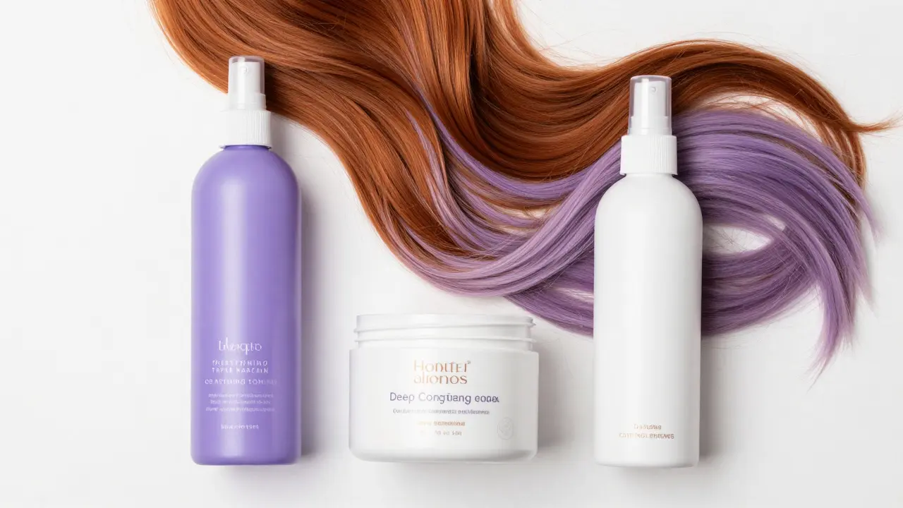 Hair care products and colorful fashion dye extensions in a flat-lay.