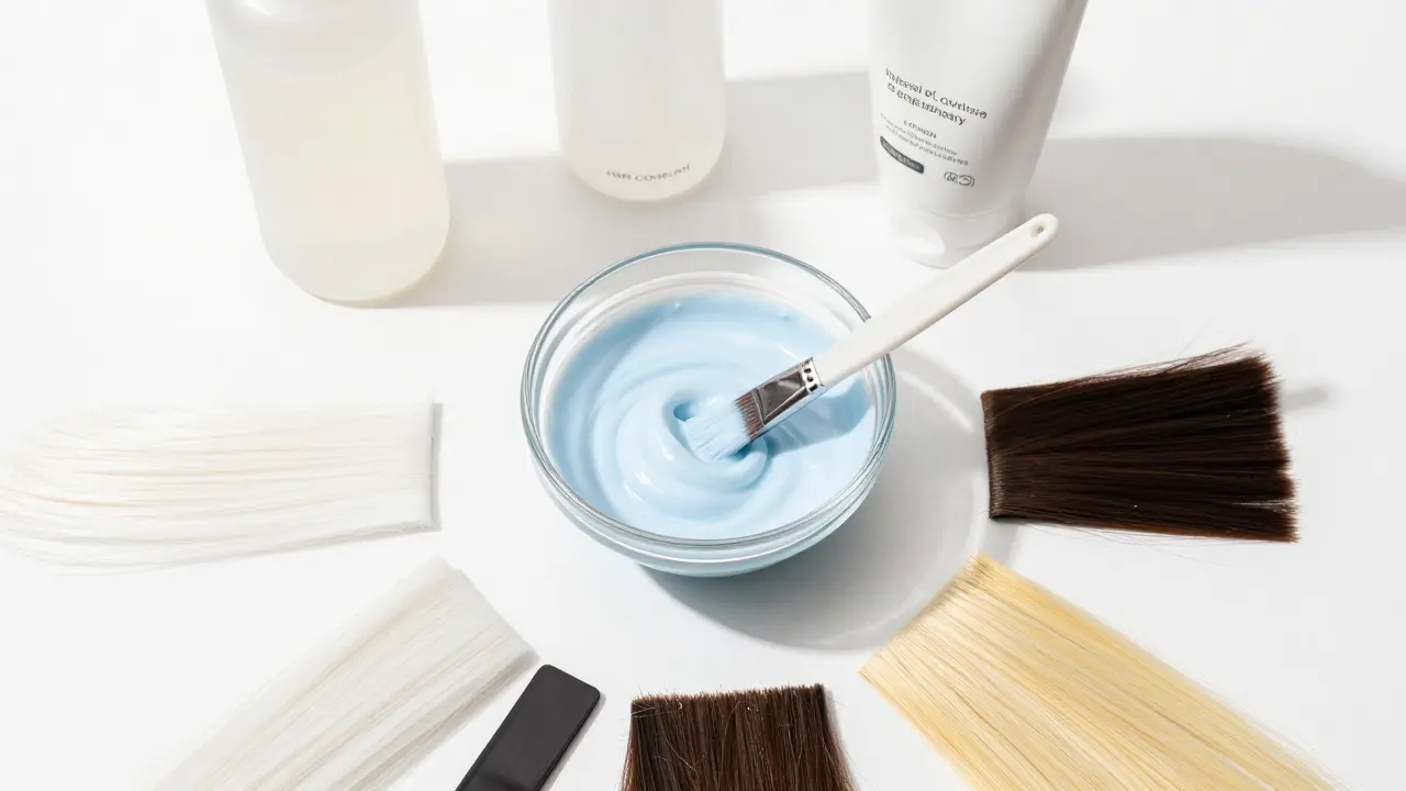 Hair dye mixing bowl with bleach swatches and tools on white table