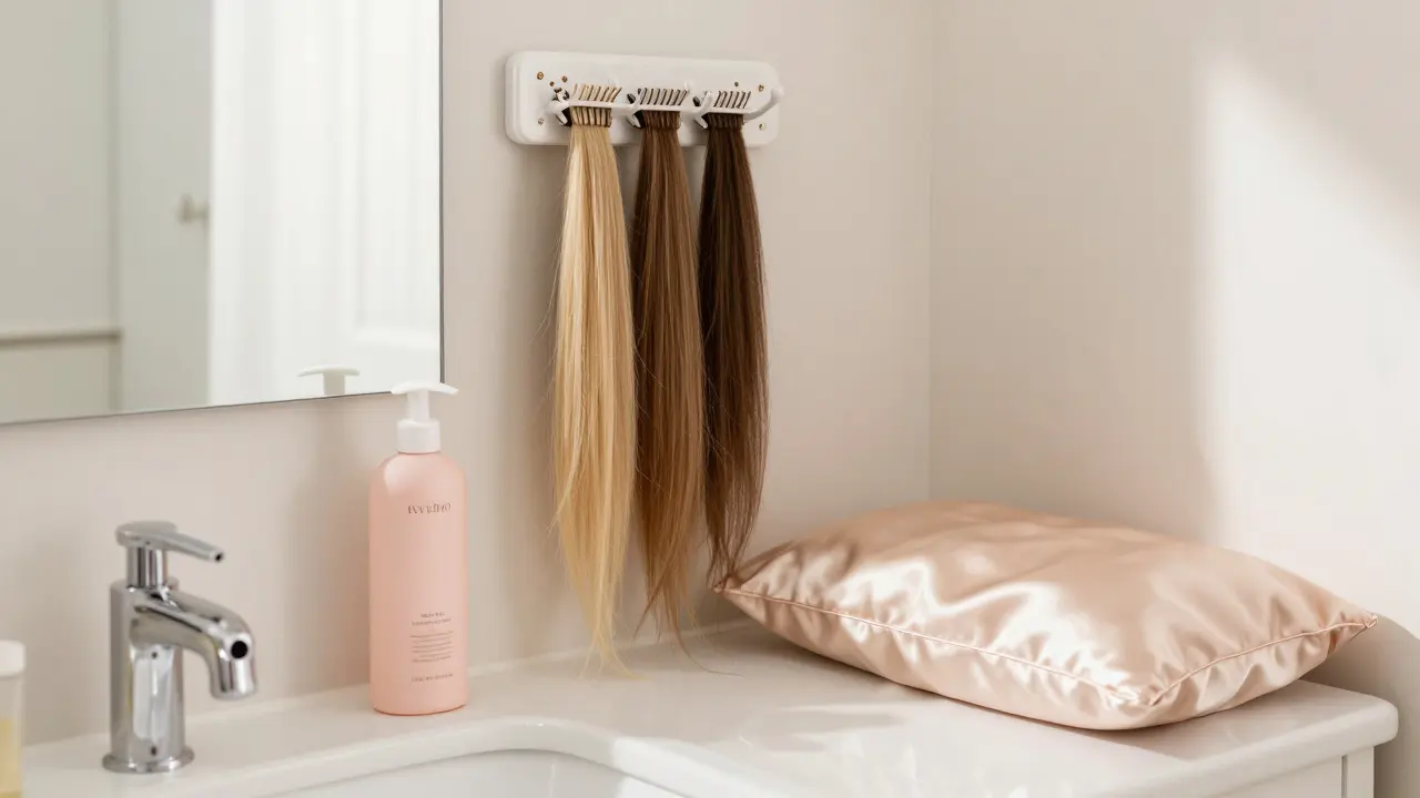 Hair extensions hanging neatly with care products on vanity
