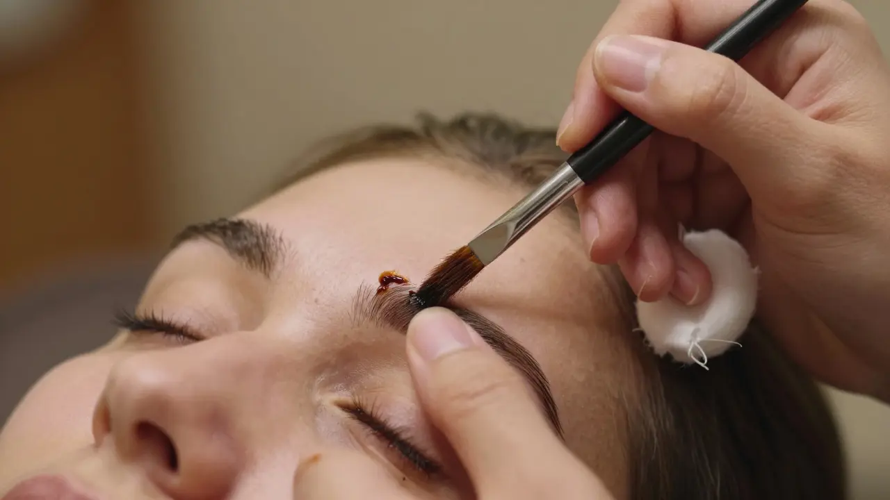 Hands applying henna paste to eyebrows with precision