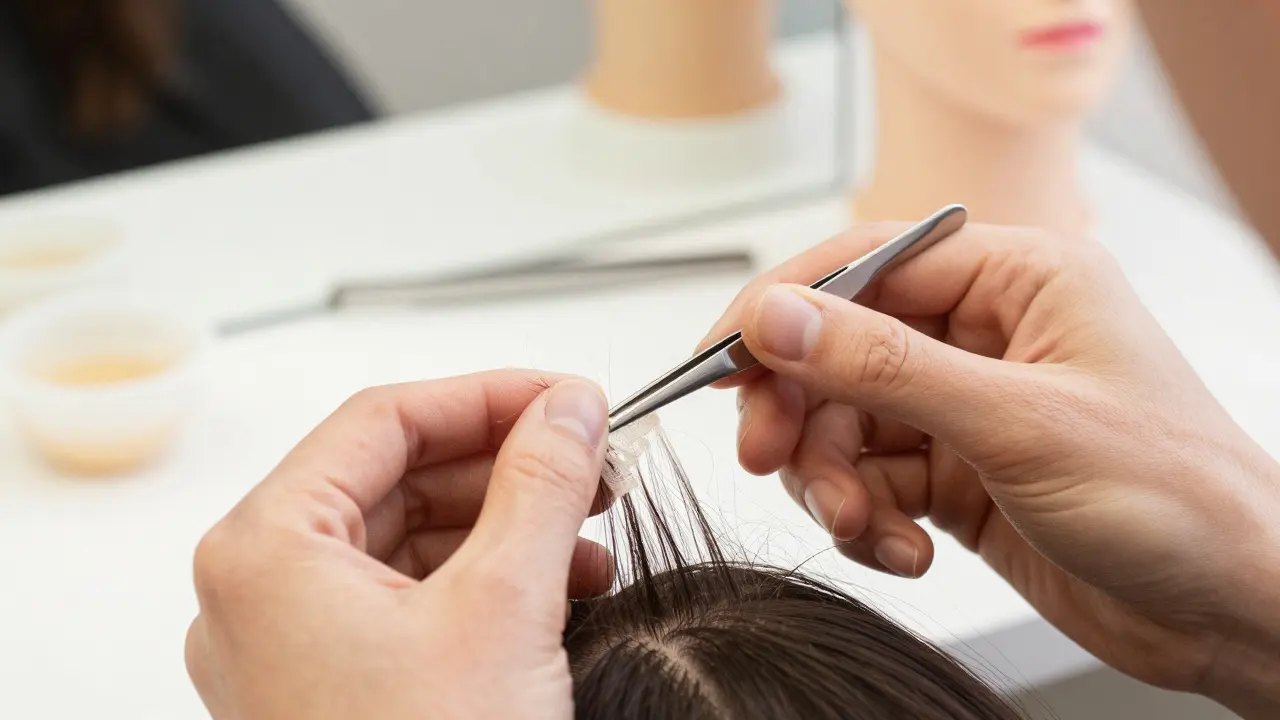 Hands plucking hair on a lace closure with tweezers to customize the hairline shape.