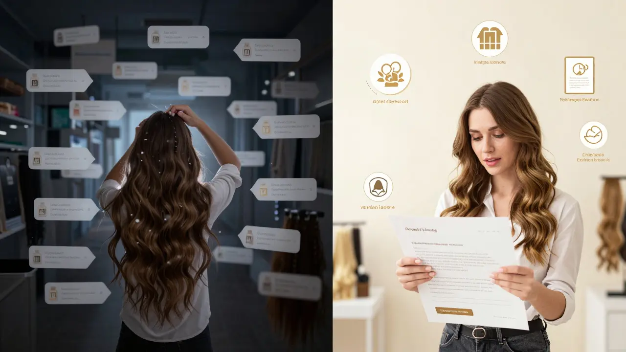 Illustration comparing confusing cheap online hair markets versus transparent reputable vendors.