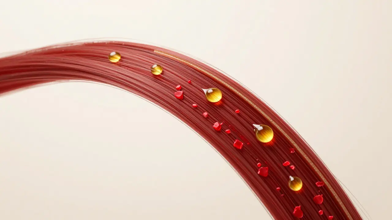 Macro view of red hair cuticle being protected by oil droplets.