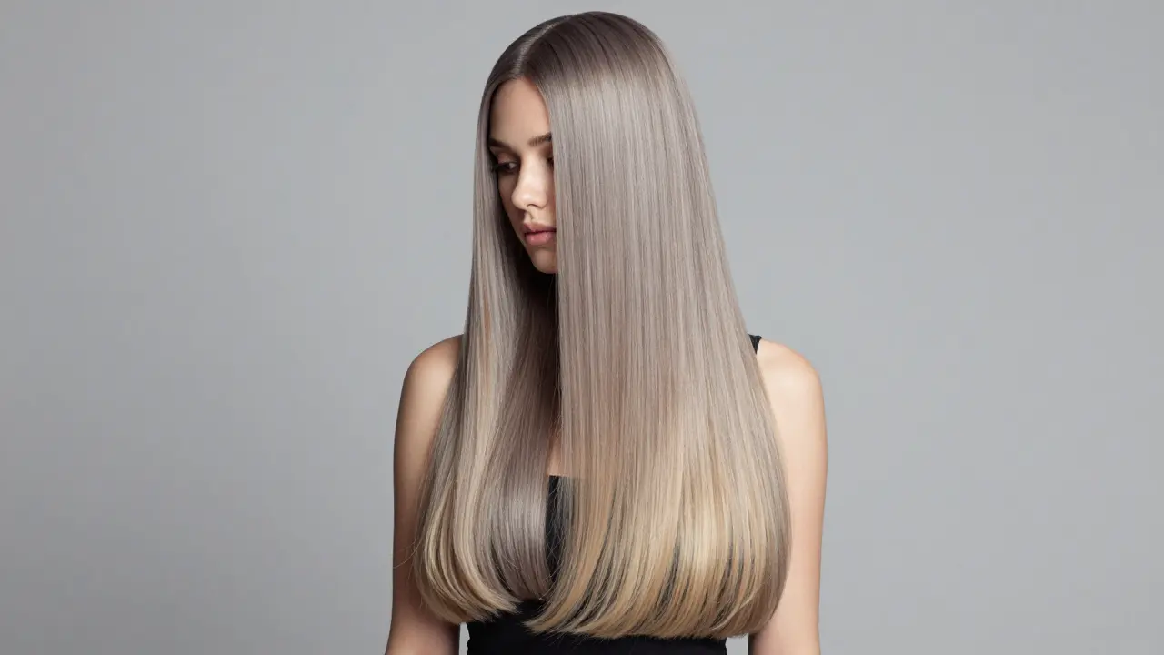 Model with sleek ash blonde balayage weave extensions in studio lighting.