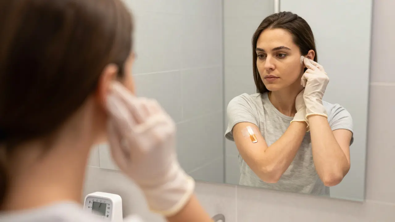 Person applying hair dye patch test on arm with protective gloves