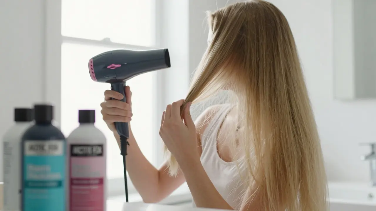 Person blow-drying hair completely dry before applying semi-permanent dye.