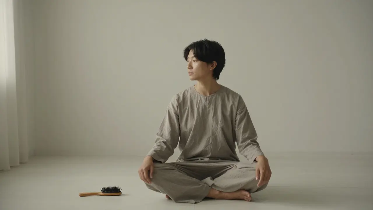 Person reflecting in a serene room with gentle grooming tools