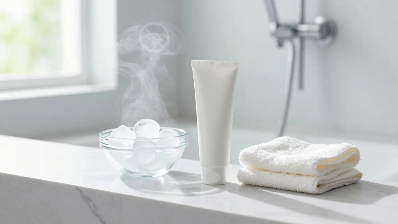 Post-wax aftercare items including ice and moisturizer on counter