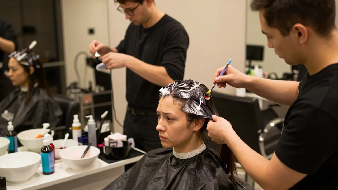 Salon scene showing complex corrective color treatment
