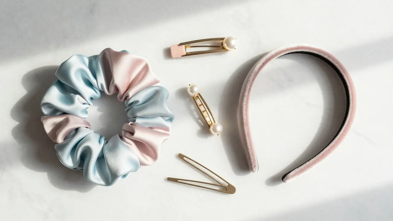 Silk scrunchies and delicate hair accessories on marble