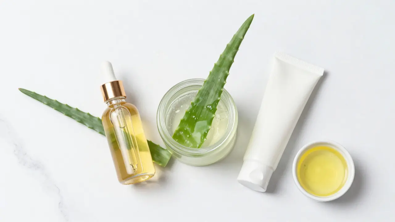 Skincare ingredients like aloe vera and serums for healing skin