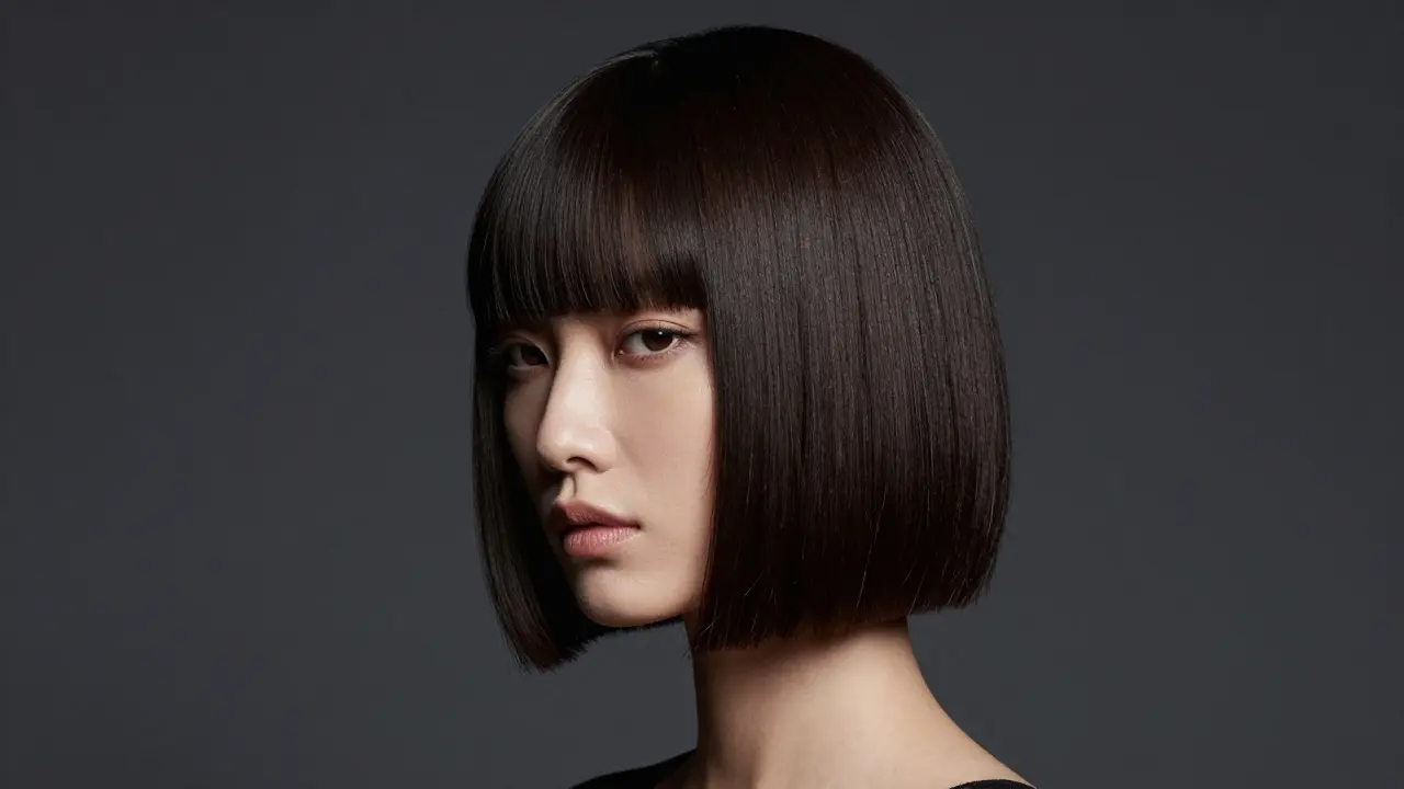 Sleek chin-length blunt bob on woman with oval face shape