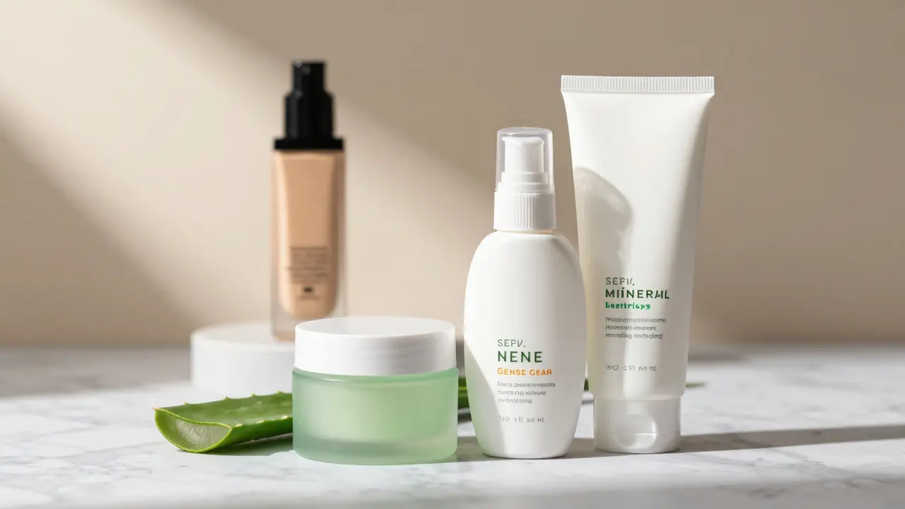 Soothing skincare products like aloe and sunscreen versus heavy foundation