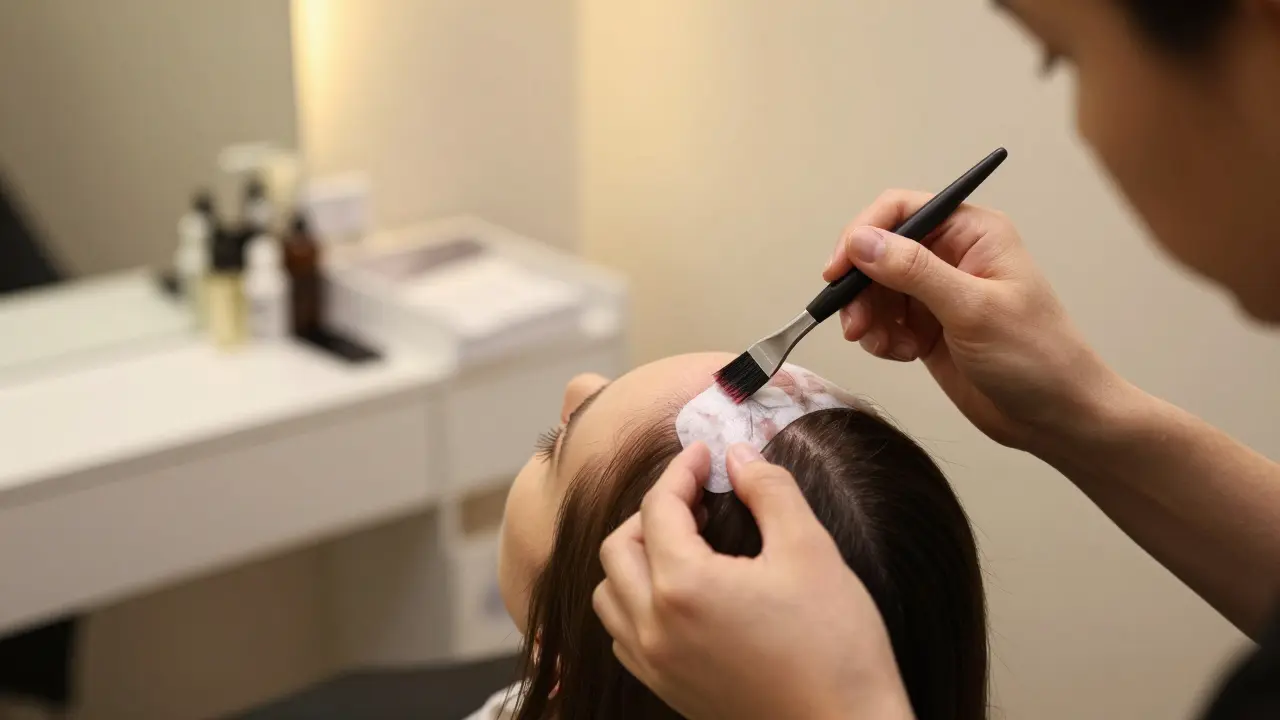 Specialist applying medical adhesive to a hairline in a professional salon.