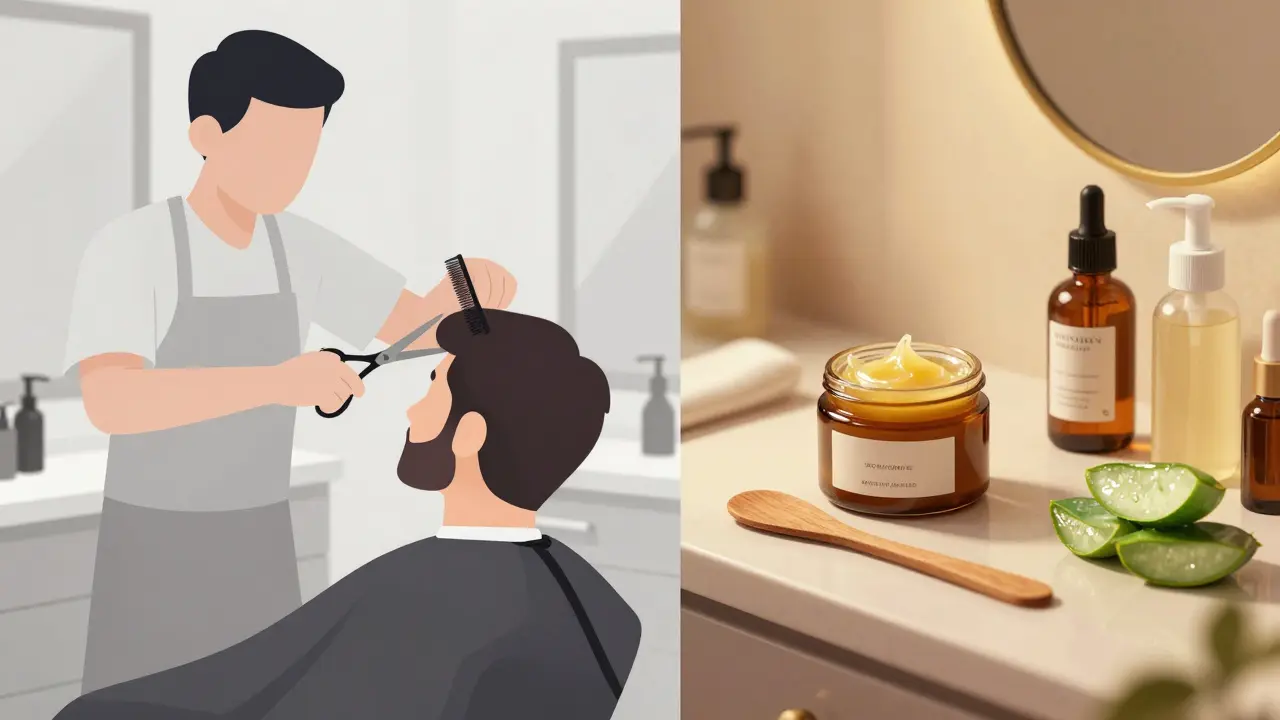 Split image contrasting a fast barber shop with a relaxing brow bar