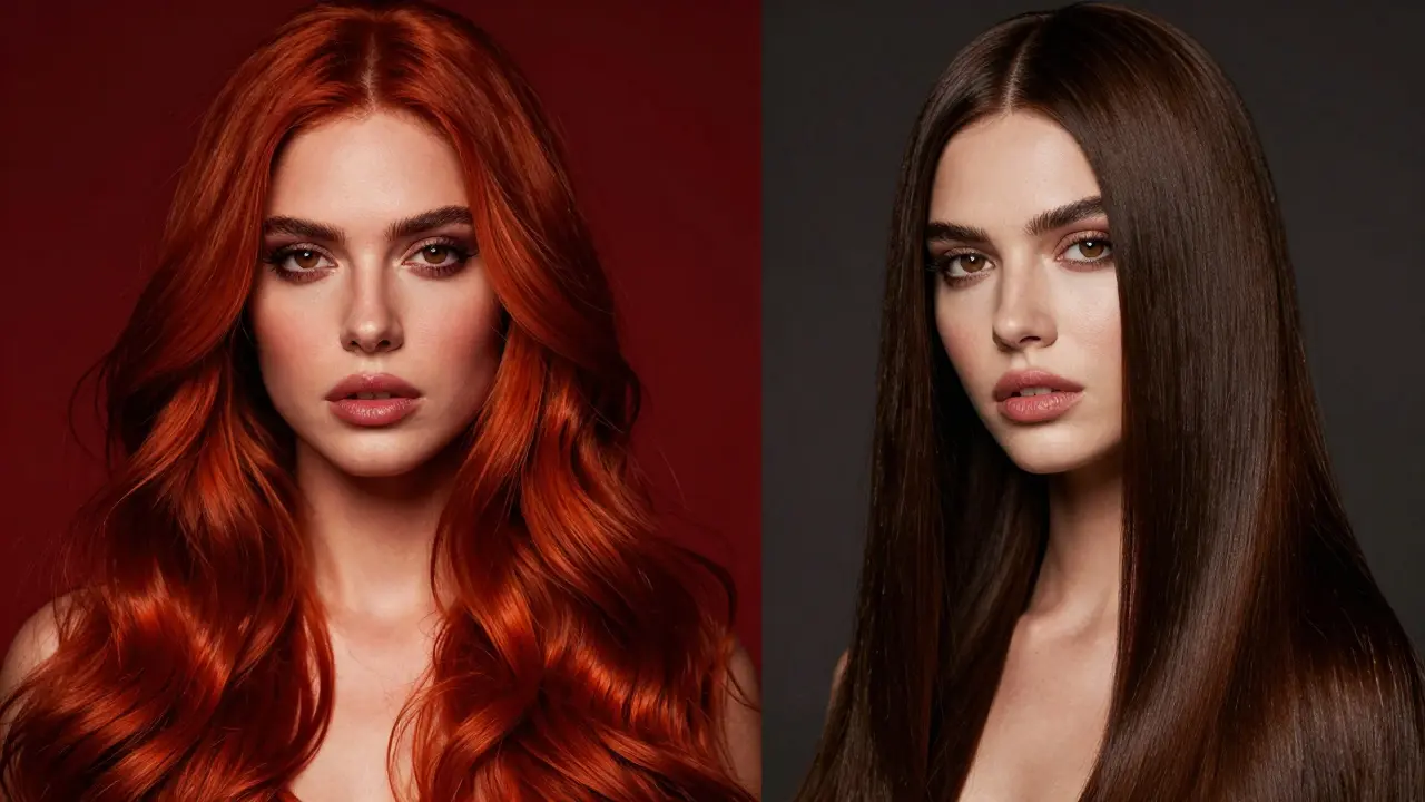 Split image showing bold auburn red hair and sleek milk chocolate brown hair
