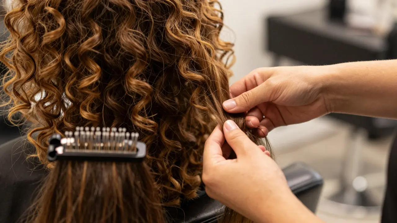 Stylist analyzing curly hair texture with wigs and extensions nearby.