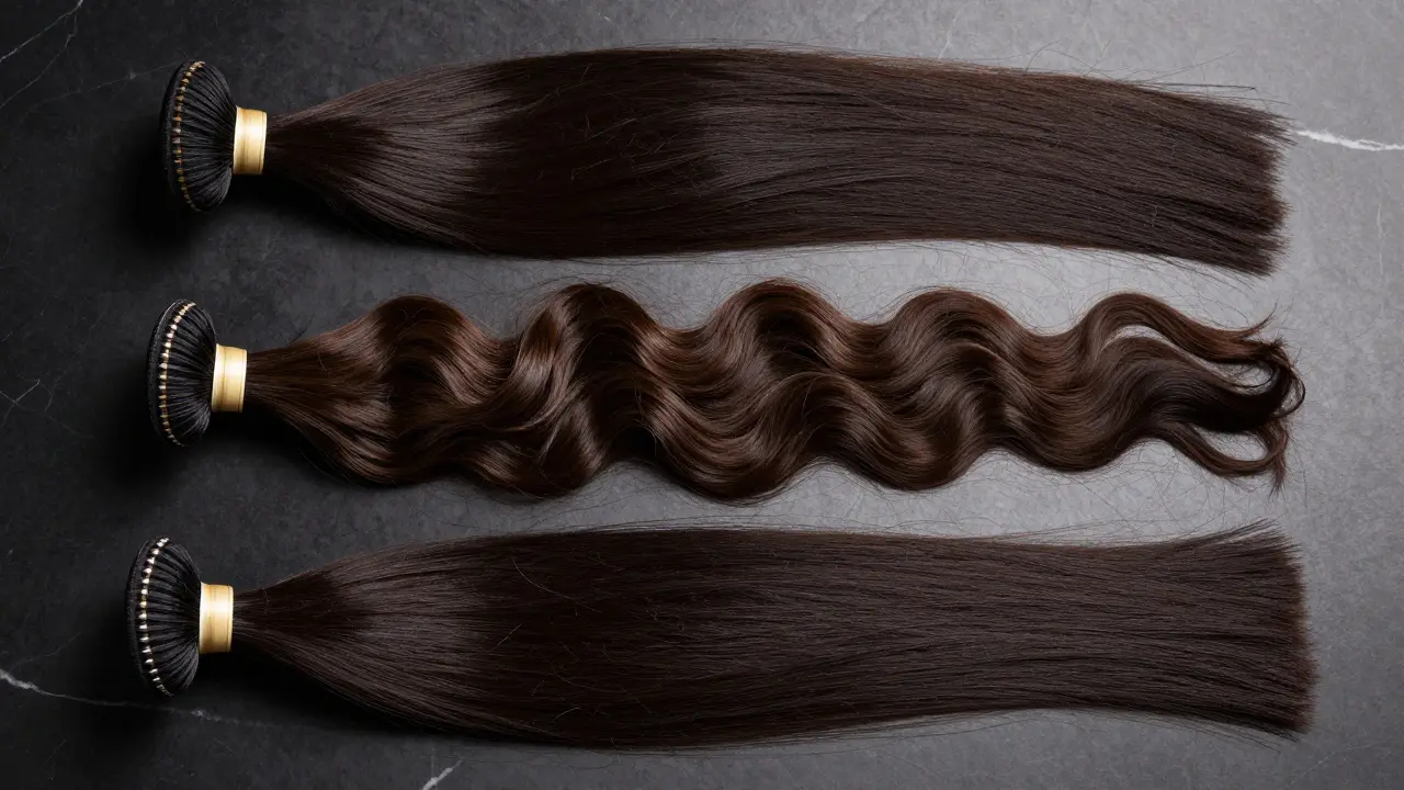 Three bundles of Peruvian, Brazilian, and Vietnamese hair