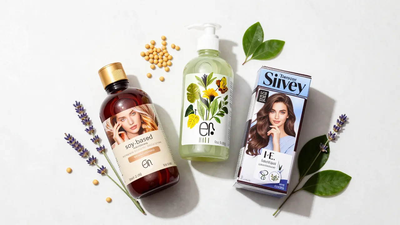 Three PPD-free hair dye bottles surrounded by natural ingredients