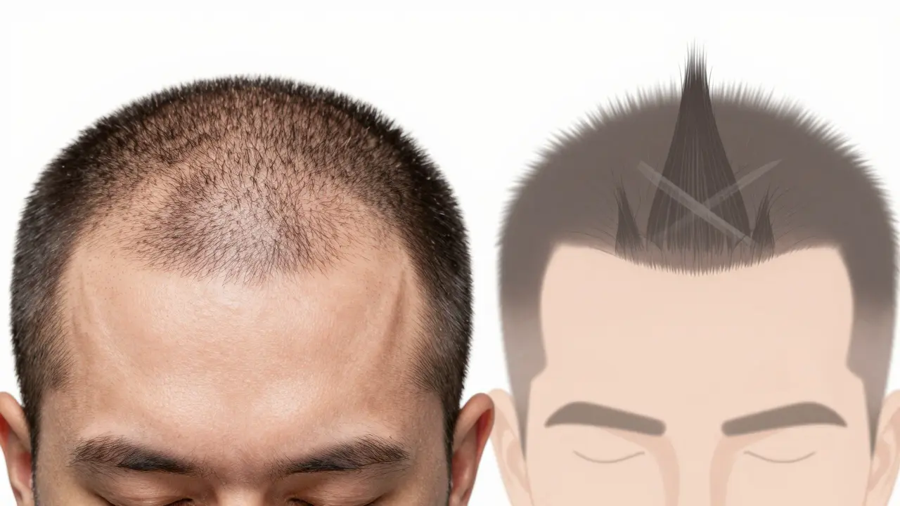Visual comparison of scalp micropigmentation dots and surgical grafts.