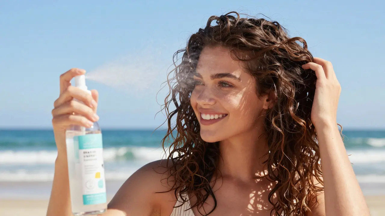 Woman applying salt spray to her hair on a sunny beach for textured waves.
