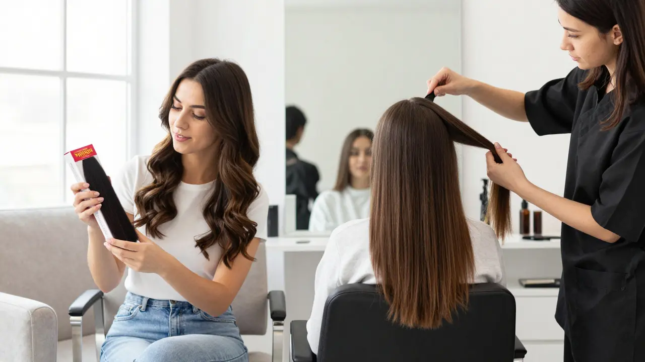 Woman comparing online vs salon extension shopping