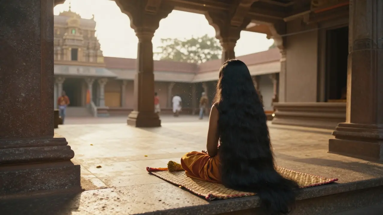 Woman donating long hair at an Indian temple courtyard