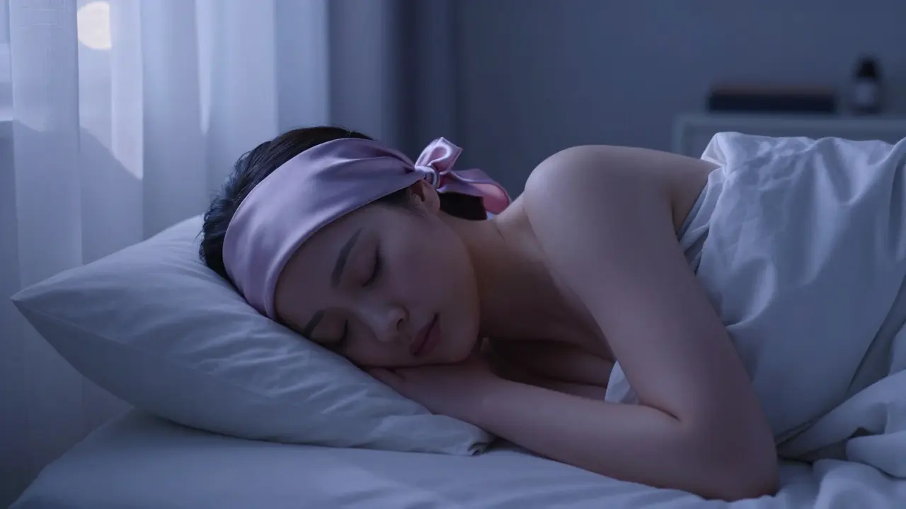 Woman sleeping with hair in buns wrapped in a silk scarf for heatless curls.