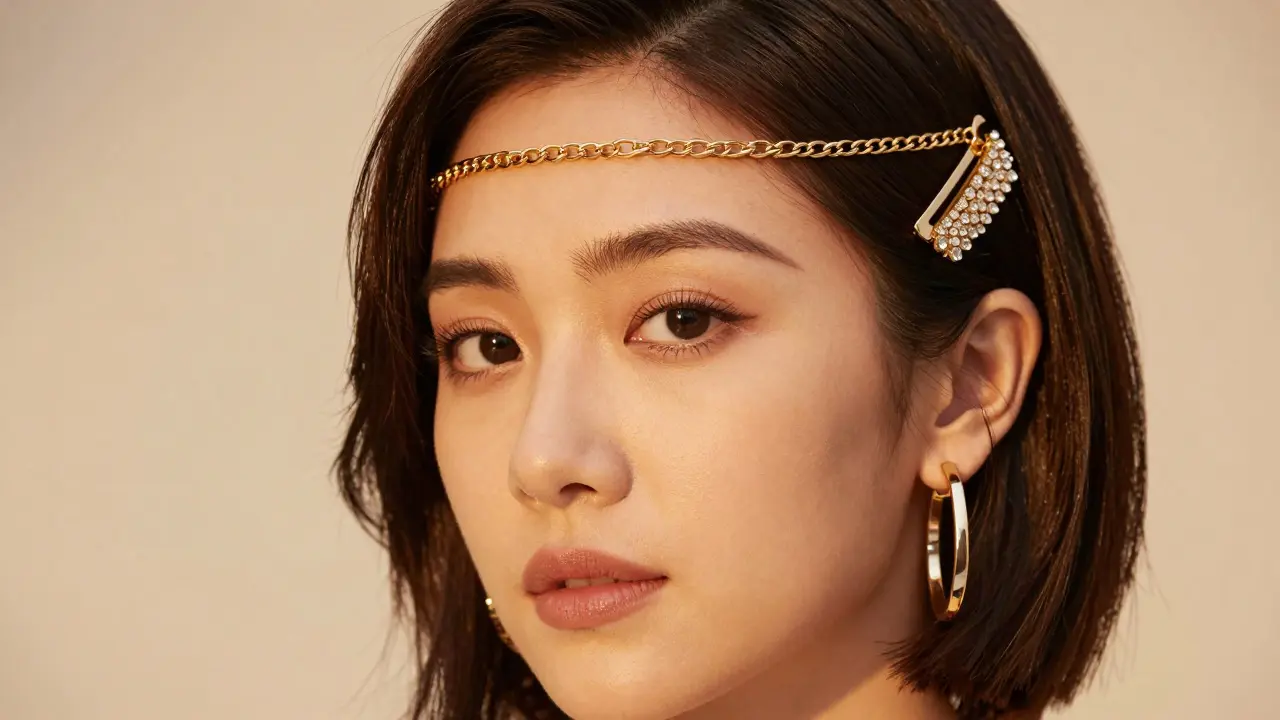 Woman with bob wearing gold headband and crystal comb