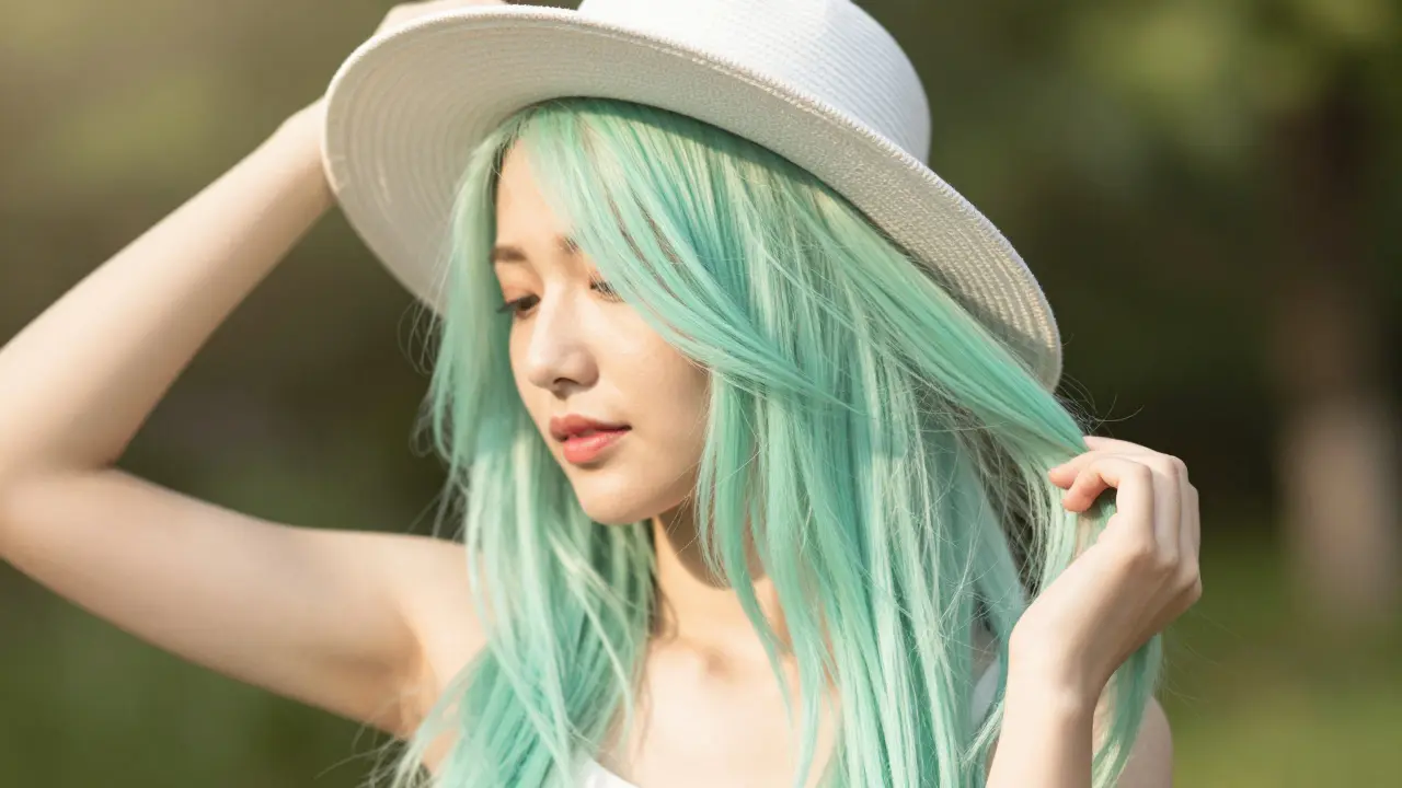 Woman with pastel mint hair wearing sun hat outdoors