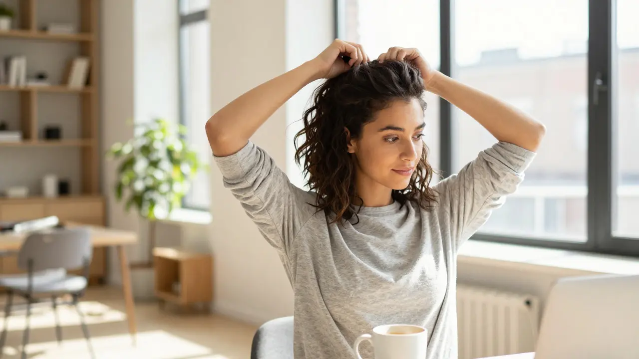 Young woman styling a low-maintenance textured lob in morning light