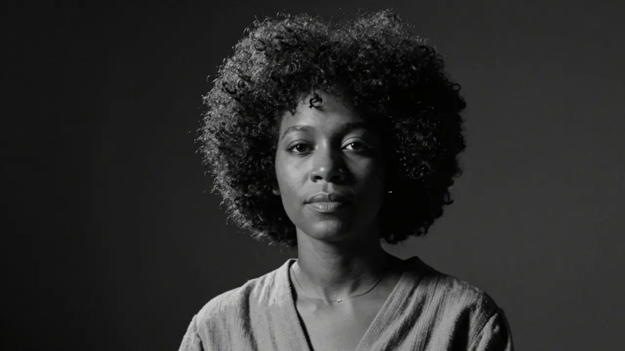 Black woman with large afro in dramatic black and white