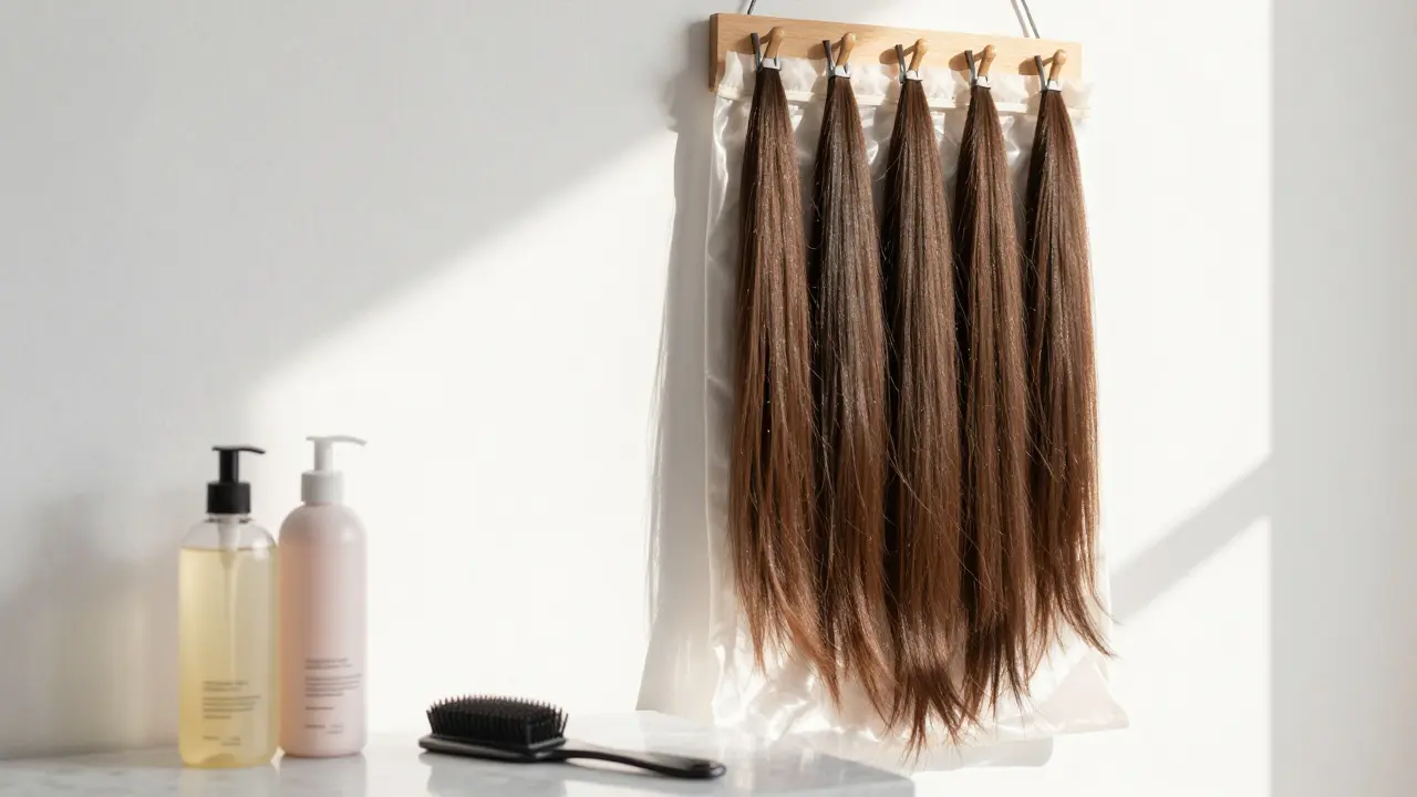 Clip-in hair extensions hanging in silk bag near care products
