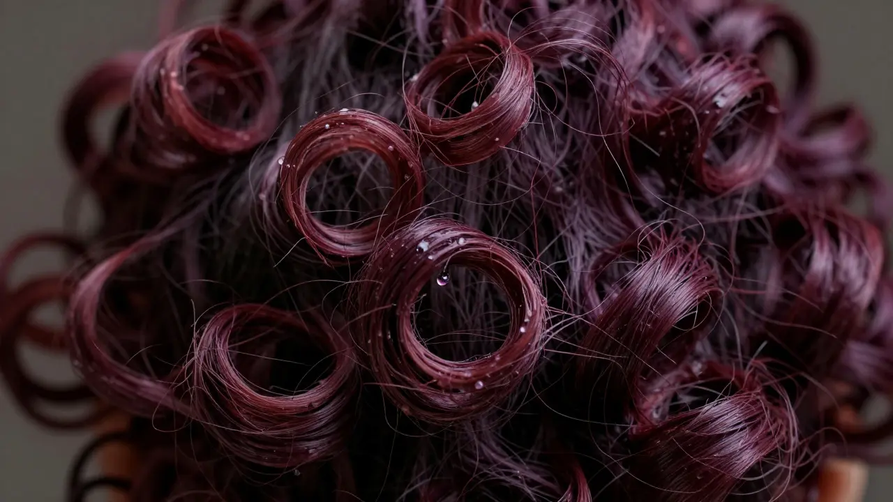 Close-up of curly hair becoming frizzy and loose during chemical dyeing process.