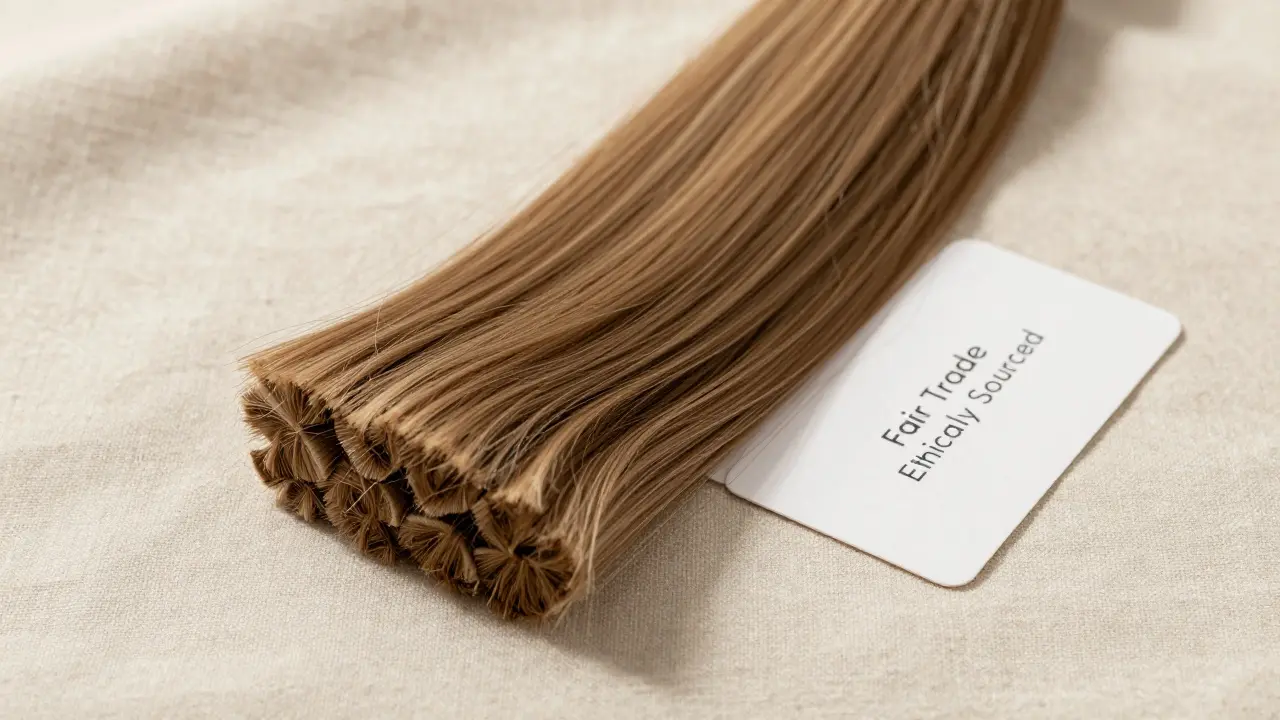 Close up of ethically sourced hair extensions on linen