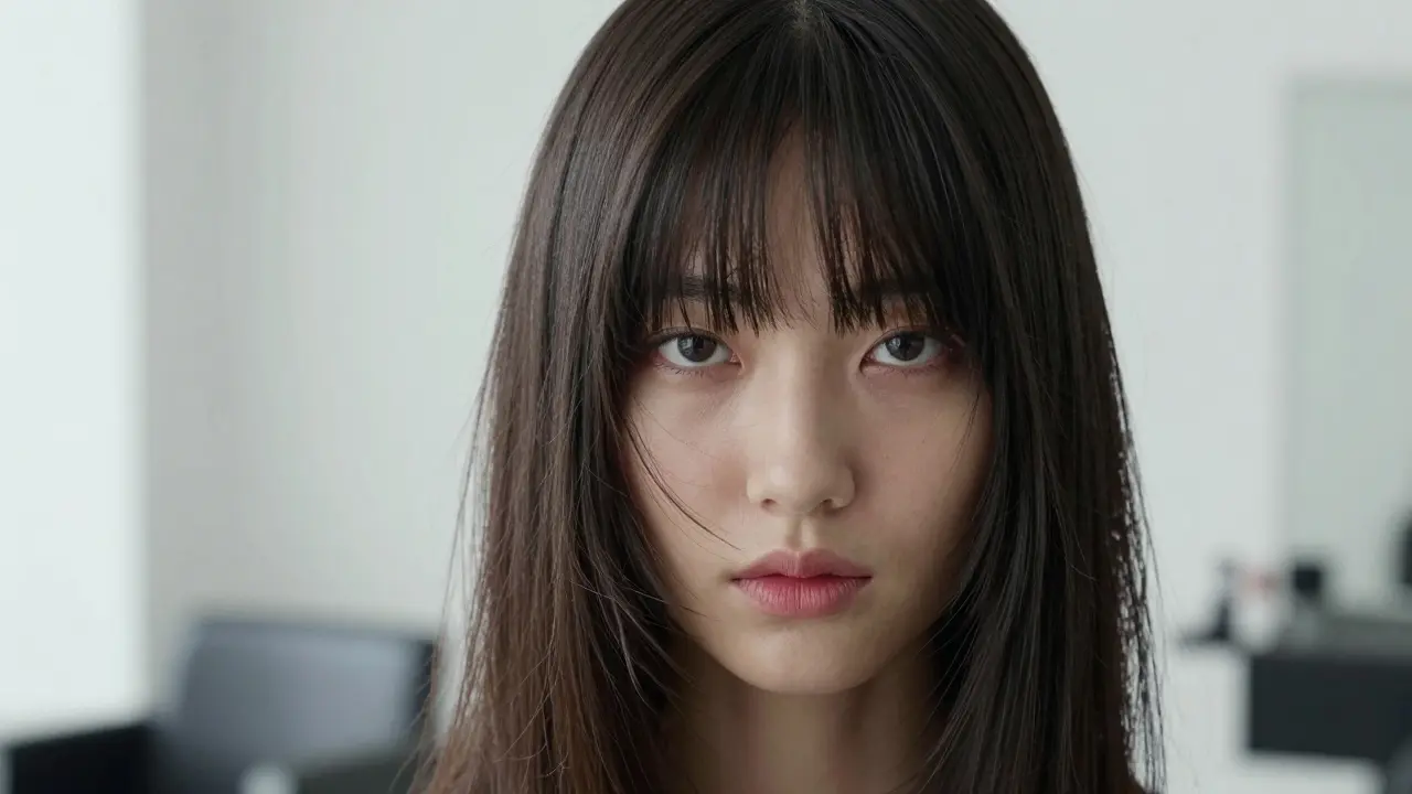 Close-up photo of a model with stylish center-parted curtain bangs