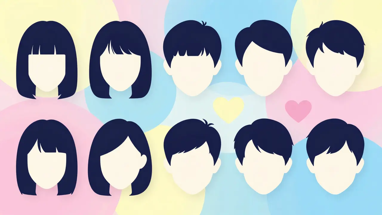 Colorful graphic showing different bang styles suited for various face shapes