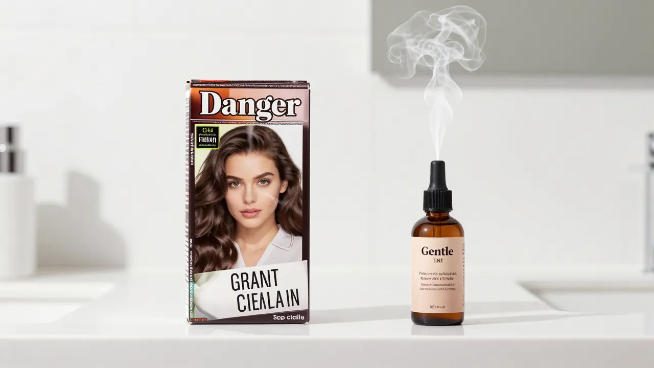 Comparison of harsh scalp hair dye versus gentle, safe eyebrow tint products on a counter.