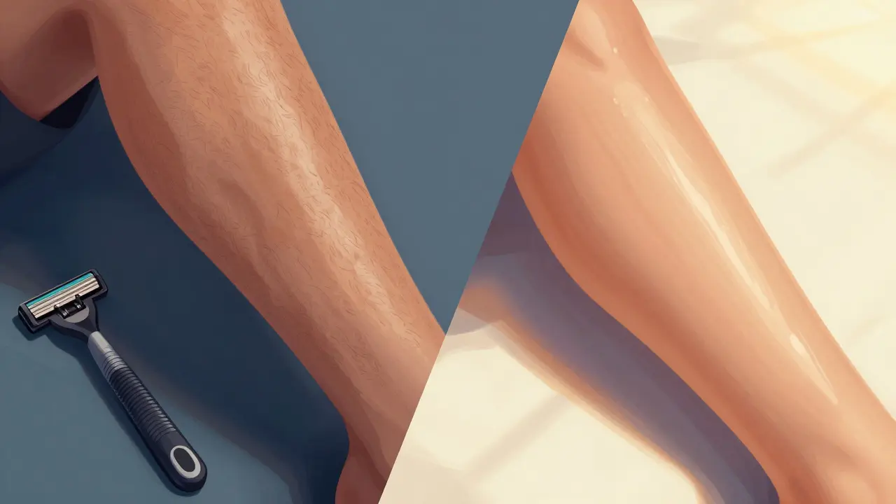 Comparison of stubbly shaved leg versus smooth waxed leg in split screen